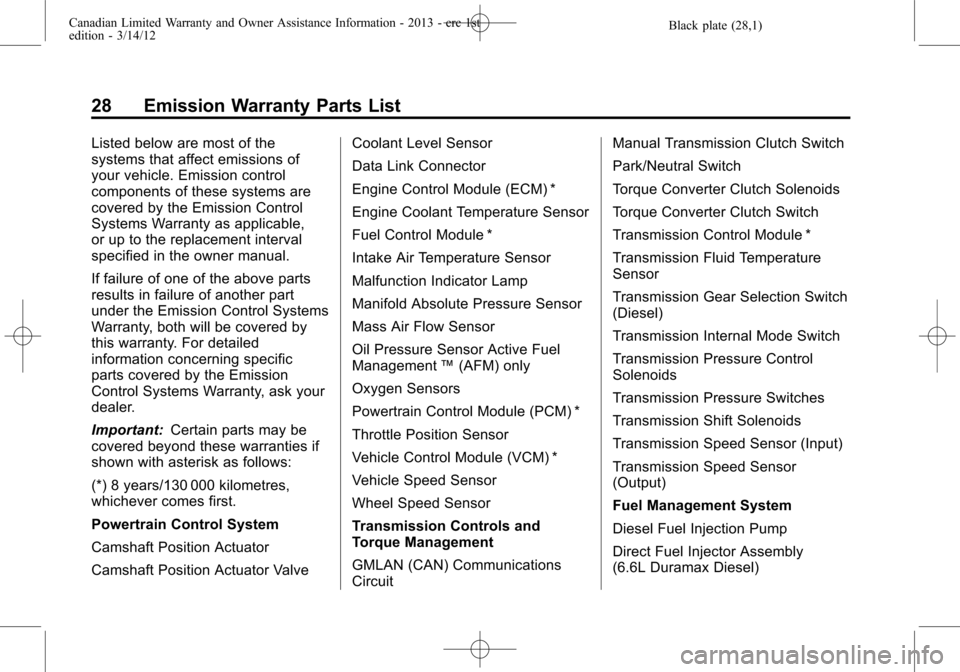 CHEVROLET SUBURBAN 2013 10.G Warranty Guide Black plate (28,1)Canadian Limited Warranty and Owner Assistance Information - 2013 - crc 1st
edition - 3/14/12
28 Emission Warranty Parts List
Listed below are most of the
systems that affect emissio