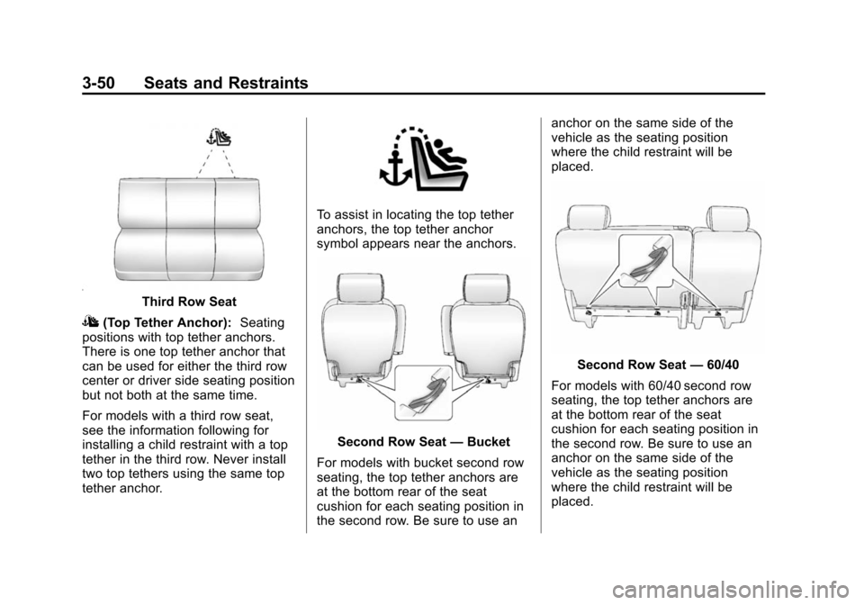 CHEVROLET SUBURBAN 2014 10.G Owners Manual (50,1)Chevrolet Tahoe/Suburban Owner Manual (GMNA-Localizing-U.S./Canada/
Mexico-6081502) - 2014 - crc2 - 9/17/13
3-50 Seats and Restraints
Third Row Seat
I(Top Tether Anchor):Seating
positions with t