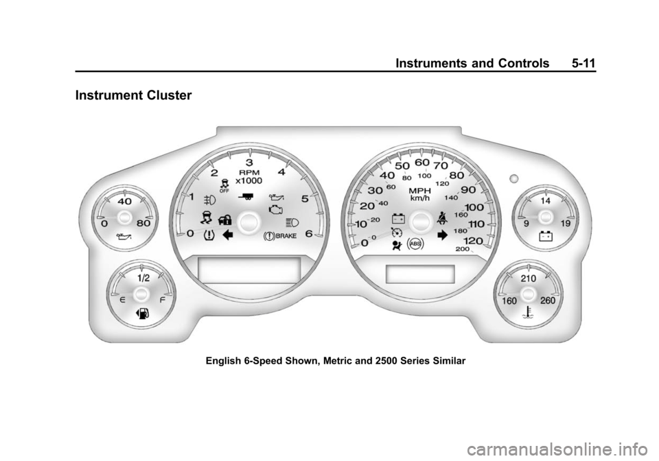 CHEVROLET SUBURBAN 2014 10.G Owners Manual (11,1)Chevrolet Tahoe/Suburban Owner Manual (GMNA-Localizing-U.S./Canada/
Mexico-6081502) - 2014 - crc2 - 9/17/13
Instruments and Controls 5-11
Instrument Cluster
English 6-Speed Shown, Metric and 250