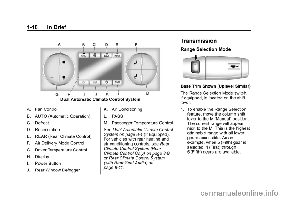 CHEVROLET SUBURBAN 2014 10.G Owners Manual (18,1)Chevrolet Tahoe/Suburban Owner Manual (GMNA-Localizing-U.S./Canada/
Mexico-6081502) - 2014 - crc2 - 9/17/13
1-18 In Brief
Dual Automatic Climate Control System
A. Fan Control
B. AUTO (Automatic 