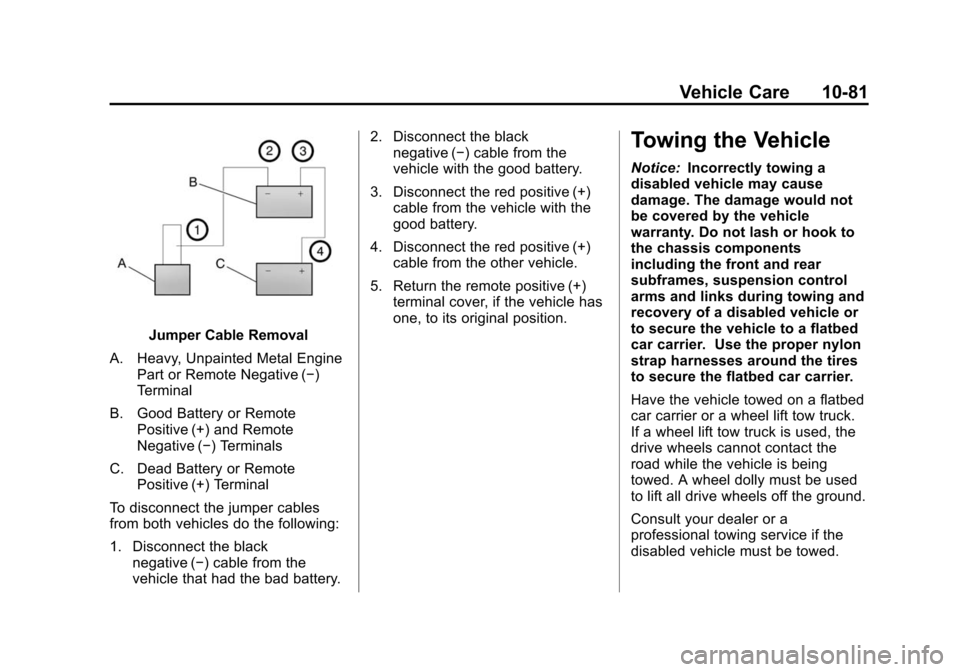 CHEVROLET SUBURBAN 2014 10.G Owners Manual (81,1)Chevrolet Tahoe/Suburban Owner Manual (GMNA-Localizing-U.S./Canada/
Mexico-6081502) - 2014 - crc2 - 9/17/13
Vehicle Care 10-81
Jumper Cable Removal
A. Heavy, Unpainted Metal Engine Part or Remot