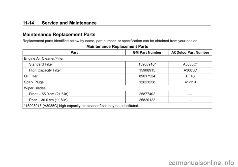 CHEVROLET SUBURBAN 2014 10.G Owners Manual (14,1)Chevrolet Tahoe/Suburban Owner Manual (GMNA-Localizing-U.S./Canada/
Mexico-6081502) - 2014 - crc2 - 9/17/13
11-14 Service and Maintenance
Maintenance Replacement Parts
Replacement parts identifi
