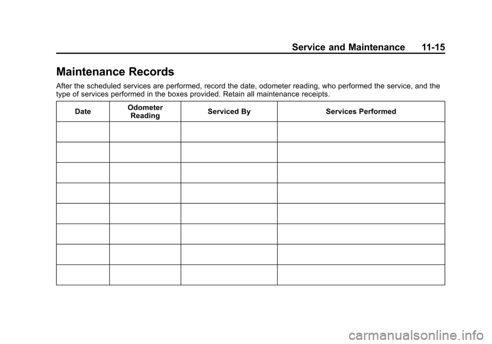 CHEVROLET SUBURBAN 2014 10.G Owners Manual (15,1)Chevrolet Tahoe/Suburban Owner Manual (GMNA-Localizing-U.S./Canada/
Mexico-6081502) - 2014 - crc2 - 9/17/13
Service and Maintenance 11-15
Maintenance Records
After the scheduled services are per