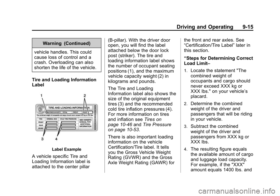 CHEVROLET SUBURBAN 2015 11.G Owners Manual Black plate (15,1)Chevrolet 2015i Tahoe/Suburban Owner Manual (GMNA-Localizing-U.S./
Canada/Mexico-8431502) - 2015 - crc - 1/12/15
Driving and Operating 9-15
Warning (Continued)
vehicle handles. This CHEVROLET SUBURBAN 2015 11.G Owners Manual Black plate (15,1)Chevrolet 2015i Tahoe/Suburban Owner Manual (GMNA-Localizing-U.S./
Canada/Mexico-8431502) - 2015 - crc - 1/12/15
Driving and Operating 9-15
Warning (Continued)
vehicle handles. This