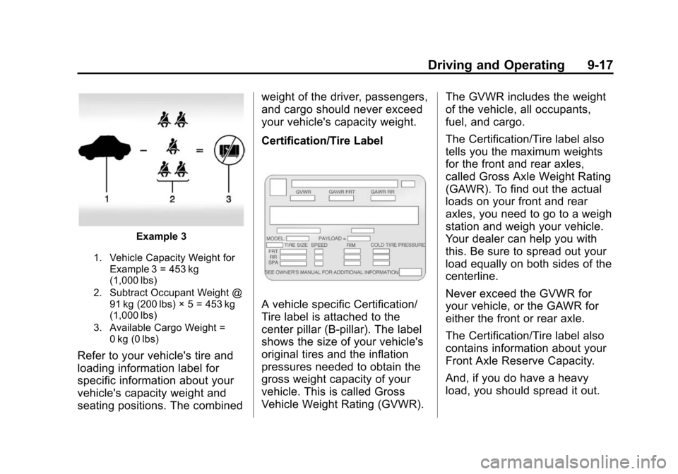 CHEVROLET SUBURBAN 2015 11.G Owners Manual Black plate (17,1)Chevrolet 2015i Tahoe/Suburban Owner Manual (GMNA-Localizing-U.S./
Canada/Mexico-8431502) - 2015 - crc - 1/12/15
Driving and Operating 9-17
Example 3
1. Vehicle Capacity Weight forEx CHEVROLET SUBURBAN 2015 11.G Owners Manual Black plate (17,1)Chevrolet 2015i Tahoe/Suburban Owner Manual (GMNA-Localizing-U.S./
Canada/Mexico-8431502) - 2015 - crc - 1/12/15
Driving and Operating 9-17
Example 3
1. Vehicle Capacity Weight forEx