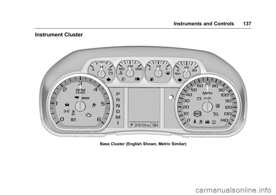 CHEVROLET SUBURBAN 2016 11.G Owners Manual Chevrolet Tahoe/Suburban Owner Manual (GMNA-Localizing-U.S./Canada/
Mexico-9159366) - 2016 - crc - 5/20/15
Instruments and Controls 137
Instrument Cluster
Base Cluster (English Shown, Metric Similar) 