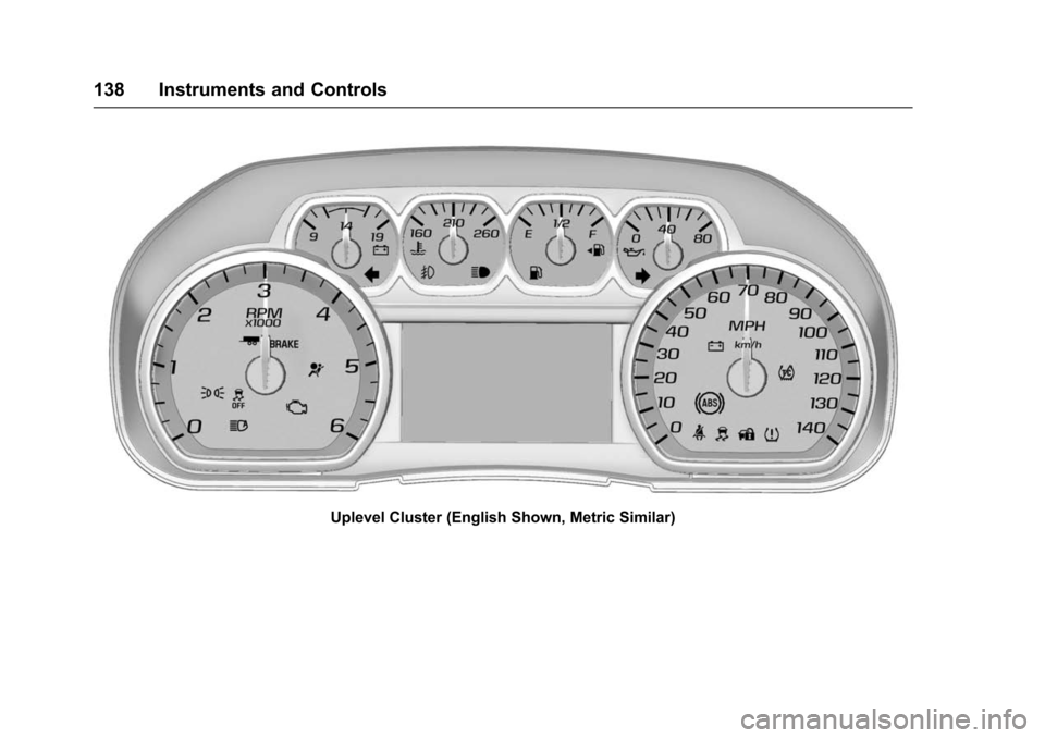 CHEVROLET SUBURBAN 2016 11.G Owners Manual Chevrolet Tahoe/Suburban Owner Manual (GMNA-Localizing-U.S./Canada/
Mexico-9159366) - 2016 - crc - 5/20/15
138 Instruments and Controls
Uplevel Cluster (English Shown, Metric Similar) 