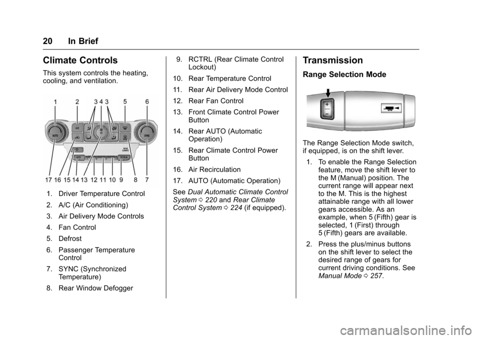 CHEVROLET SUBURBAN 2016 11.G Owners Manual Chevrolet Tahoe/Suburban Owner Manual (GMNA-Localizing-U.S./Canada/
Mexico-9159366) - 2016 - crc - 5/19/15
20 In Brief
Climate Controls
This system controls the heating,
cooling, and ventilation.
1. D