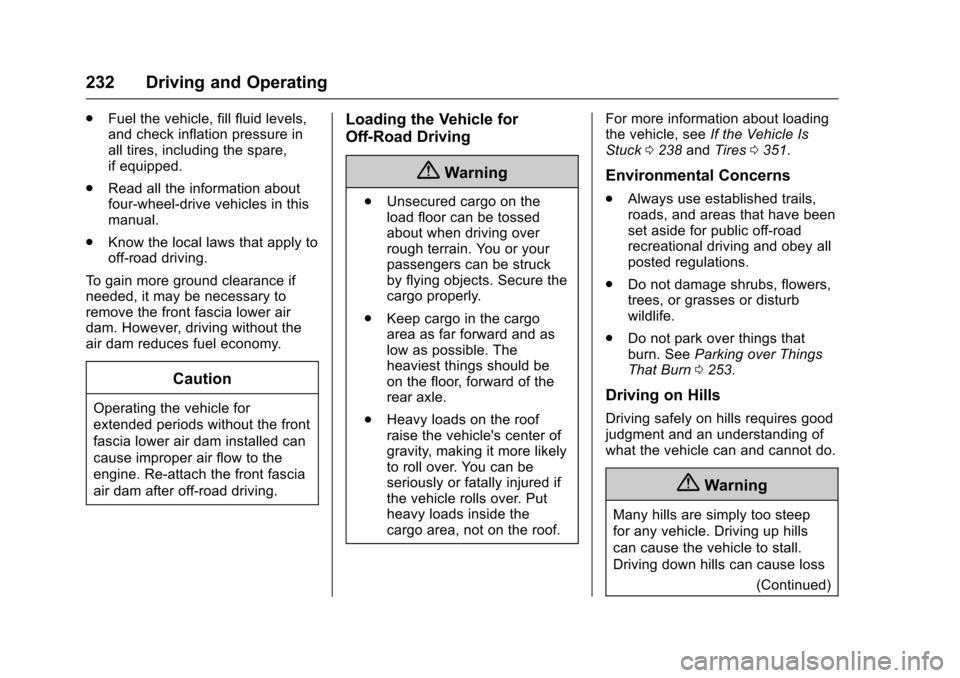 CHEVROLET SUBURBAN 2016 11.G Owners Manual Chevrolet Tahoe/Suburban Owner Manual (GMNA-Localizing-U.S./Canada/
Mexico-9159366) - 2016 - crc - 5/20/15
232 Driving and Operating
.Fuel the vehicle, fill fluid levels,
and check inflation pressure 