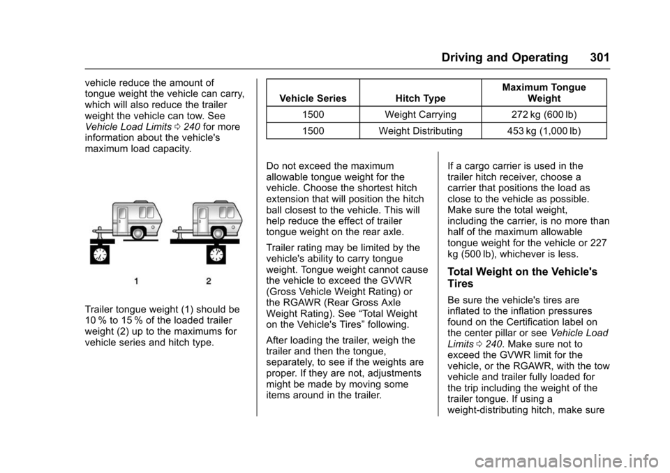 CHEVROLET SUBURBAN 2016 11.G Owners Manual Chevrolet Tahoe/Suburban Owner Manual (GMNA-Localizing-U.S./Canada/
Mexico-9159366) - 2016 - crc - 5/20/15
Driving and Operating 301
vehicle reduce the amount of
tongue weight the vehicle can carry,
w