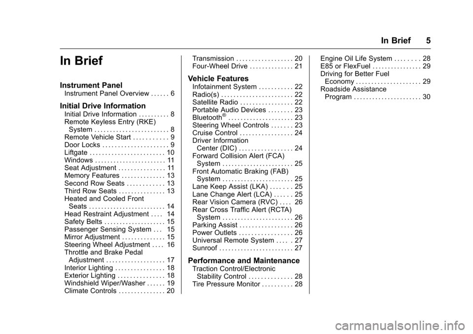 CHEVROLET SUBURBAN 2016 11.G Owners Manual Chevrolet Tahoe/Suburban Owner Manual (GMNA-Localizing-U.S./Canada/
Mexico-9159366) - 2016 - crc - 5/19/15
In Brief 5
In Brief
Instrument Panel
Instrument Panel Overview . . . . . . 6
Initial Drive In