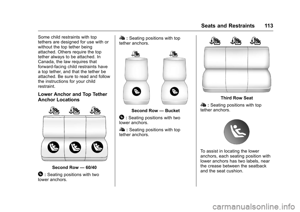 CHEVROLET SUBURBAN 2017 11.G Owners Manual Chevrolet Tahoe/Suburban Owner Manual (GMNA-Localizing-U.S./Canada/
Mexico-9955986) - 2017 - crc - 7/5/16
Seats and Restraints 113
Some child restraints with top
tethers are designed for use with or
w CHEVROLET SUBURBAN 2017 11.G Owners Manual Chevrolet Tahoe/Suburban Owner Manual (GMNA-Localizing-U.S./Canada/
Mexico-9955986) - 2017 - crc - 7/5/16
Seats and Restraints 113
Some child restraints with top
tethers are designed for use with or
w