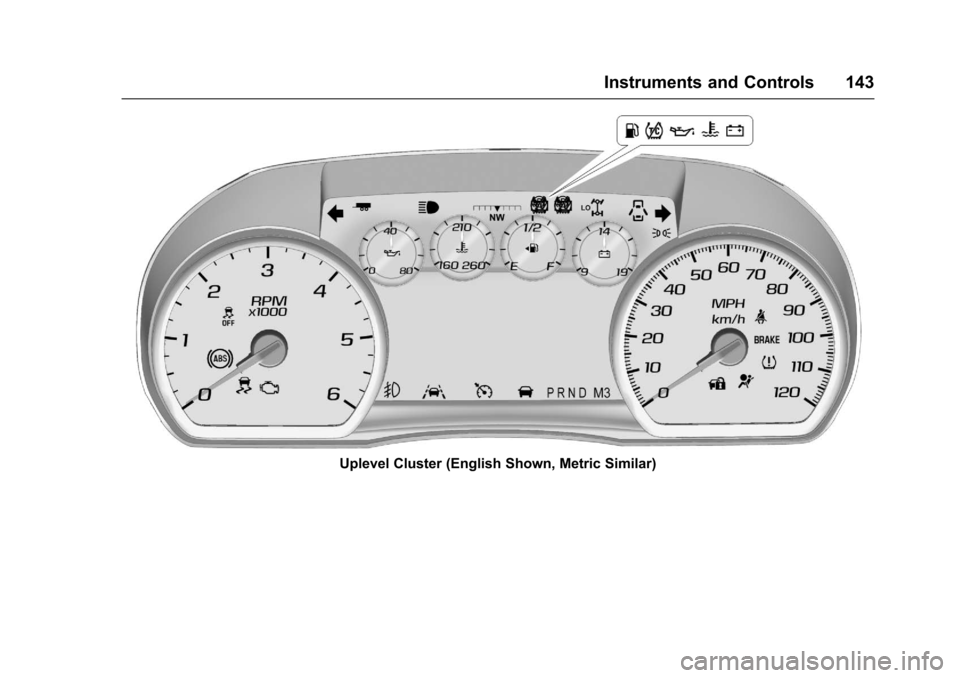 CHEVROLET SUBURBAN 2017 11.G Owners Manual Chevrolet Tahoe/Suburban Owner Manual (GMNA-Localizing-U.S./Canada/
Mexico-9955986) - 2017 - crc - 7/5/16
Instruments and Controls 143
Uplevel Cluster (English Shown, Metric Similar) 