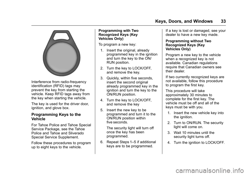 CHEVROLET SUBURBAN 2017 11.G Owners Guide Chevrolet Tahoe/Suburban Owner Manual (GMNA-Localizing-U.S./Canada/
Mexico-9955986) - 2017 - crc - 7/5/16
Keys, Doors, and Windows 33
Interference from radio-frequency
identification (RFID) tags may
p