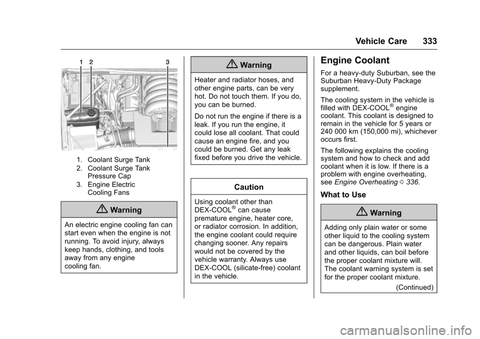 CHEVROLET SUBURBAN 2017 11.G Owners Manual Chevrolet Tahoe/Suburban Owner Manual (GMNA-Localizing-U.S./Canada/
Mexico-9955986) - 2017 - crc - 7/5/16
Vehicle Care 333
1. Coolant Surge Tank
2. Coolant Surge TankPressure Cap
3. Engine Electric Co CHEVROLET SUBURBAN 2017 11.G Owners Manual Chevrolet Tahoe/Suburban Owner Manual (GMNA-Localizing-U.S./Canada/
Mexico-9955986) - 2017 - crc - 7/5/16
Vehicle Care 333
1. Coolant Surge Tank
2. Coolant Surge TankPressure Cap
3. Engine Electric Co