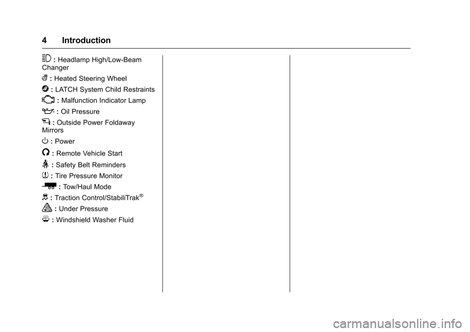 CHEVROLET SUBURBAN 2017 11.G Owners Manual Chevrolet Tahoe/Suburban Owner Manual (GMNA-Localizing-U.S./Canada/
Mexico-9955986) - 2017 - crc - 7/5/16
4 Introduction
3:Headlamp High/Low-Beam
Changer
(: Heated Steering Wheel
j:LATCH System Child 