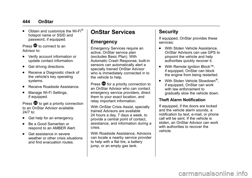 CHEVROLET SUBURBAN 2017 11.G Owners Manual Chevrolet Tahoe/Suburban Owner Manual (GMNA-Localizing-U.S./Canada/
Mexico-9955986) - 2017 - crc - 7/5/16
444 OnStar
.Obtain and customize the Wi-Fi®
hotspot name or SSID and
password, if equipped.
P