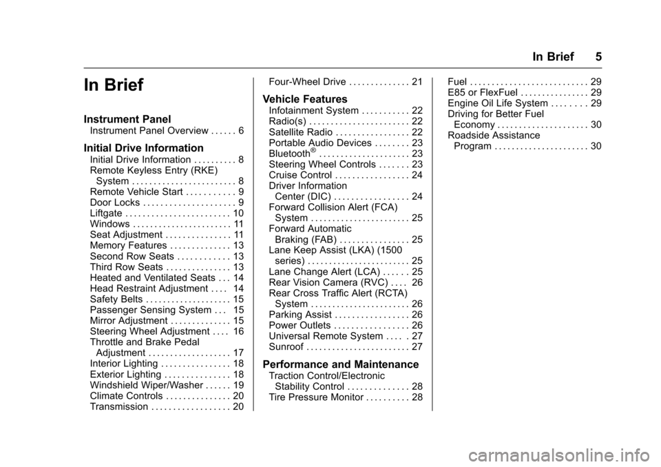 CHEVROLET SUBURBAN 2017 11.G Owners Manual Chevrolet Tahoe/Suburban Owner Manual (GMNA-Localizing-U.S./Canada/
Mexico-9955986) - 2017 - crc - 7/5/16
In Brief 5
In Brief
Instrument Panel
Instrument Panel Overview . . . . . . 6
Initial Drive Inf