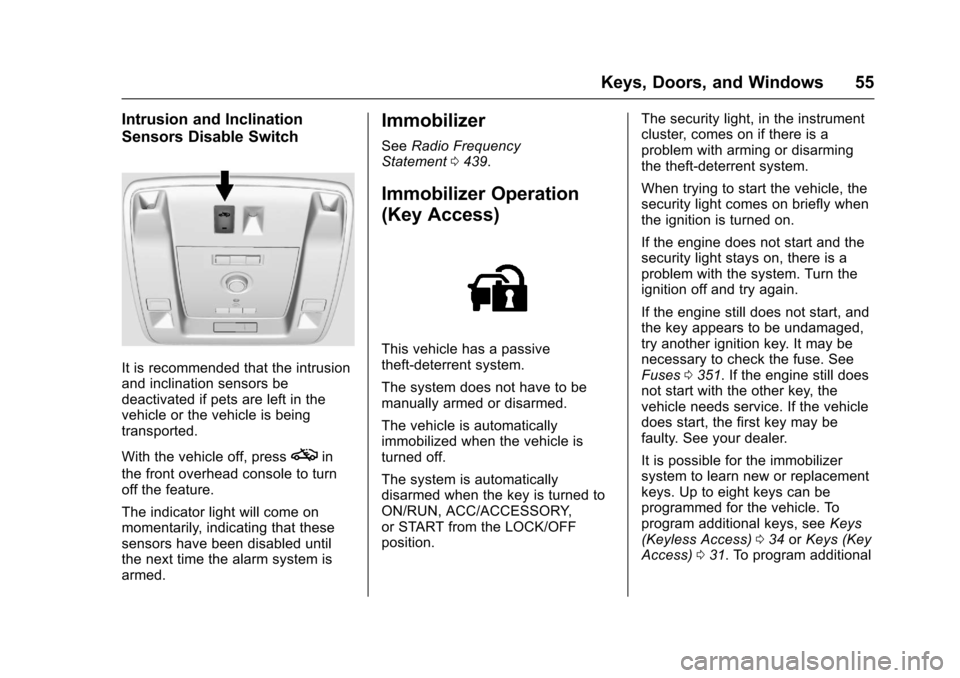 CHEVROLET SUBURBAN 2017 11.G Owners Manual Chevrolet Tahoe/Suburban Owner Manual (GMNA-Localizing-U.S./Canada/
Mexico-9955986) - 2017 - crc - 7/5/16
Keys, Doors, and Windows 55
Intrusion and Inclination
Sensors Disable Switch
It is recommended