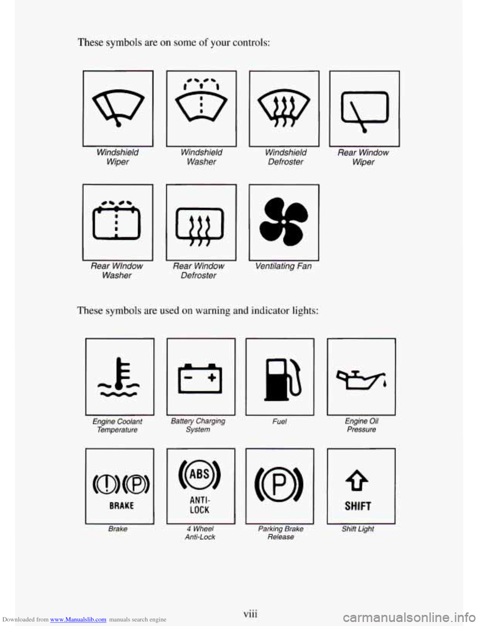 CHEVROLET TAHOE 1995 1.G Owners Manual Downloaded from www.Manualslib.com manuals search engine These symbols are on some of your controls: 
I 
Windshield 
Wiper  Windshield 
Washer 
Rear  Wlndow  Washer 
I 
Rear  Window 
Defroster 
w 
I 
