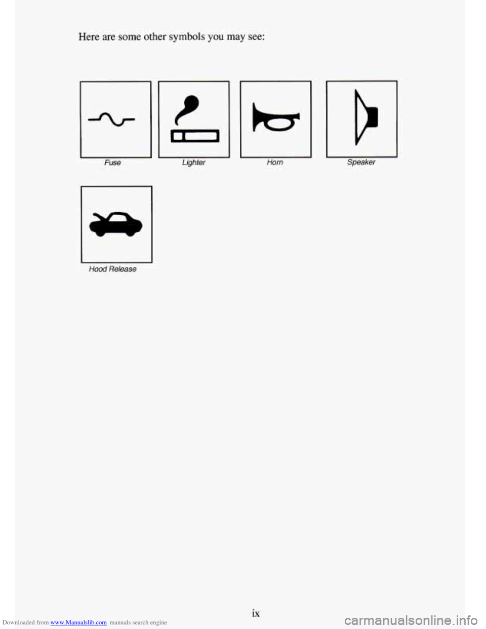 CHEVROLET TAHOE 1995 1.G User Guide Downloaded from www.Manualslib.com manuals search engine Here  are some other symbols you  may see: 
H Fuse 
El Hood Release  Lighter 
Horn Er Speaker 
ix   