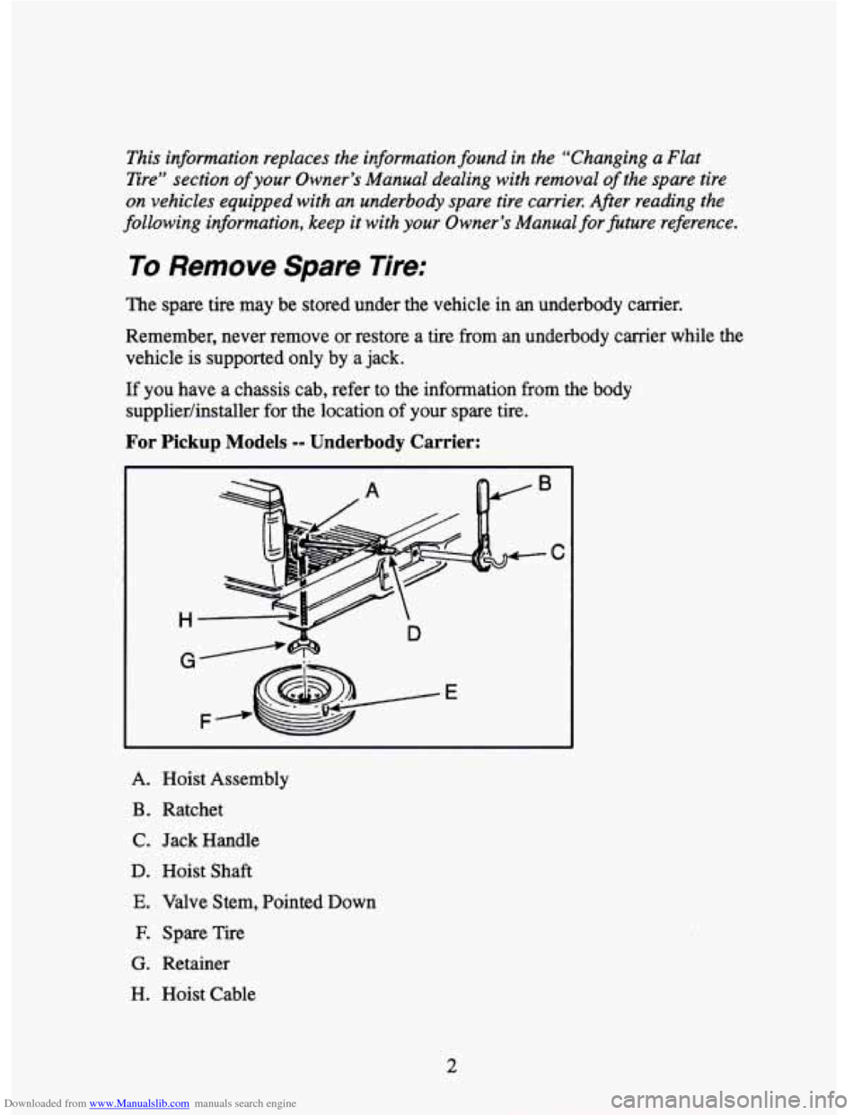 CHEVROLET TAHOE 1995 1.G Owners Manual Downloaded from www.Manualslib.com manuals search engine This information replaces the information found in the “Changing a Flat
Ere” section
of your Owner’s Manual dealing with rem CHEVROLET TAHOE 1995 1.G Owners Manual Downloaded from www.Manualslib.com manuals search engine This information replaces the information found in the “Changing a Flat
Ere” section
of your Owner’s Manual dealing with rem