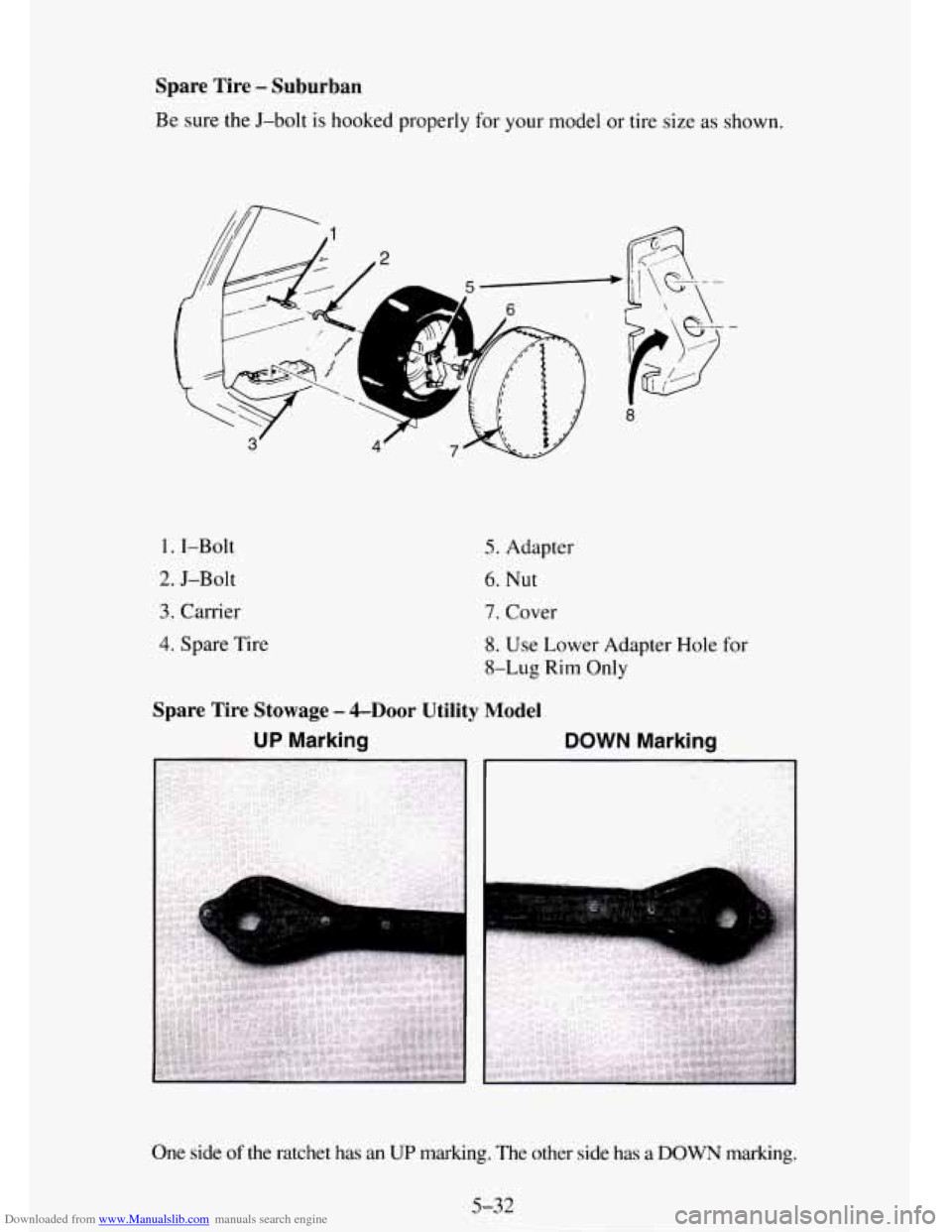 CHEVROLET TAHOE 1995 1.G Owners Manual Downloaded from www.Manualslib.com manuals search engine Spare  Tire - Suburban 
Be  sure the J-bolt  is hooked properly  for your model  or tire  size as shown. 
1. I-Bolt 
2. J-Bolt 
3. Carrier 
4. 