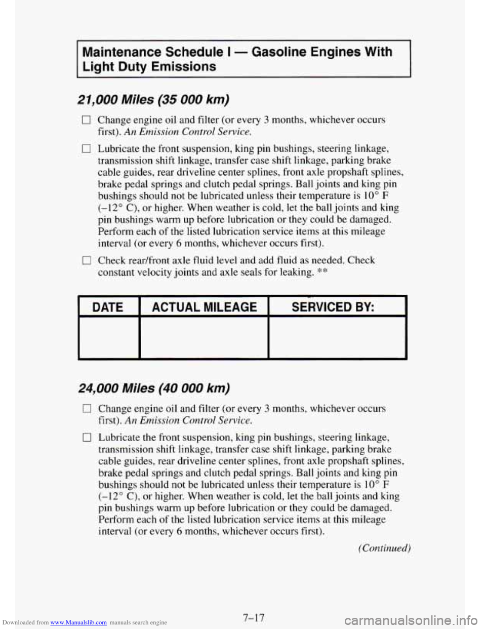CHEVROLET TAHOE 1995 1.G Owners Manual Downloaded from www.Manualslib.com manuals search engine Maintenance Schedule I - Gasoline Engines With
Light Duty Emissions
21,000 Miles (35 000 km)
0 Change engine oil and filter (or every CHEVROLET TAHOE 1995 1.G Owners Manual Downloaded from www.Manualslib.com manuals search engine Maintenance Schedule I - Gasoline Engines With
Light Duty Emissions
21,000 Miles (35 000 km)
0 Change engine oil and filter (or every