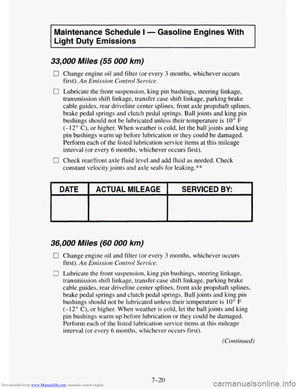 CHEVROLET TAHOE 1995 1.G Owners Manual Downloaded from www.Manualslib.com manuals search engine Maintenance Schedule I - Gasoline Engines With
Light Duty Emissions
33,000 Miles (55 000 km)
0 Change engine oil and filter (or eve CHEVROLET TAHOE 1995 1.G Owners Manual Downloaded from www.Manualslib.com manuals search engine Maintenance Schedule I - Gasoline Engines With
Light Duty Emissions
33,000 Miles (55 000 km)
0 Change engine oil and filter (or eve