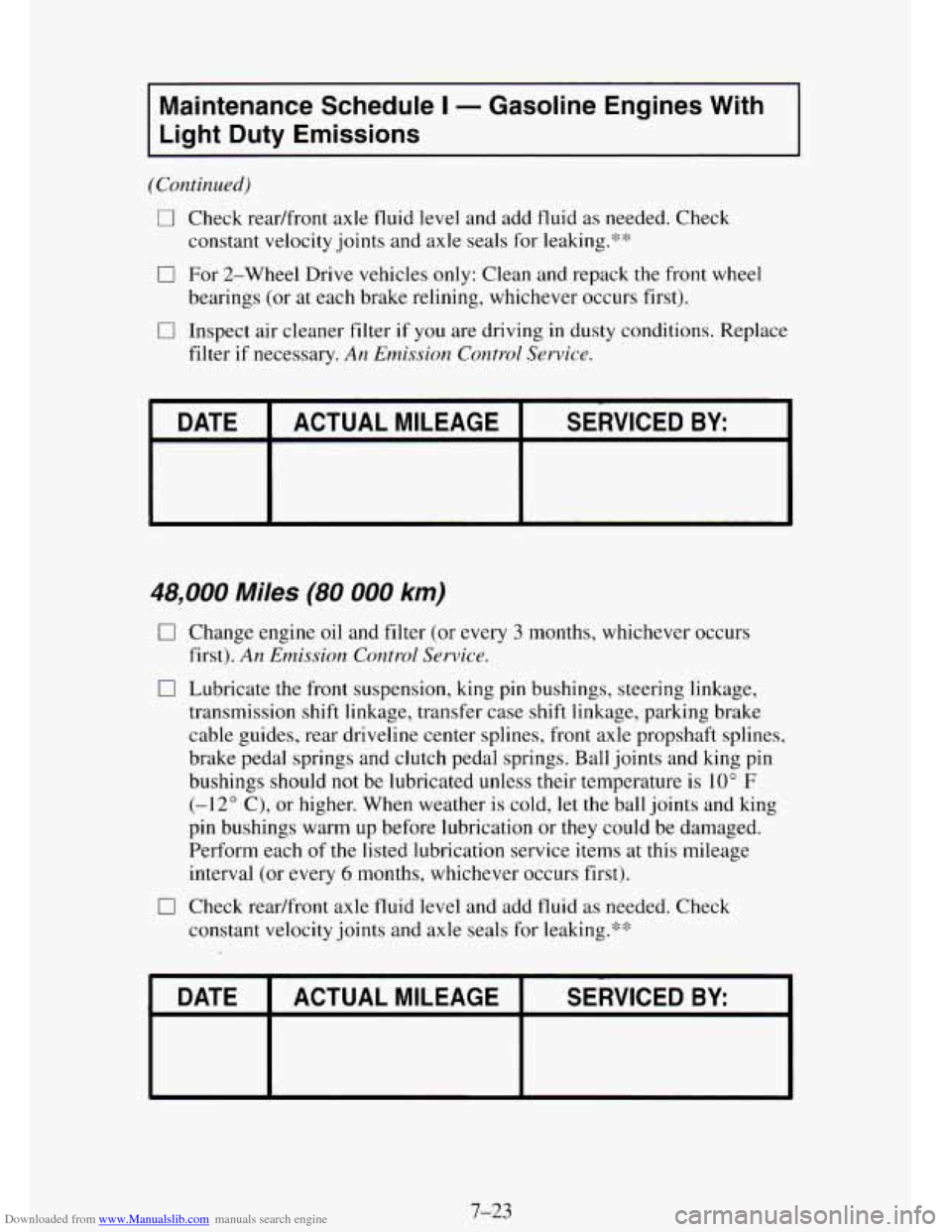CHEVROLET TAHOE 1995 1.G Owners Manual Downloaded from www.Manualslib.com manuals search engine Maintenance Schedule I - Gasoline Engines With
Light Duty Emissions
(Continued)
0 Check readfront axle fluid level and add fluid as CHEVROLET TAHOE 1995 1.G Owners Manual Downloaded from www.Manualslib.com manuals search engine Maintenance Schedule I - Gasoline Engines With
Light Duty Emissions
(Continued)
0 Check readfront axle fluid level and add fluid as