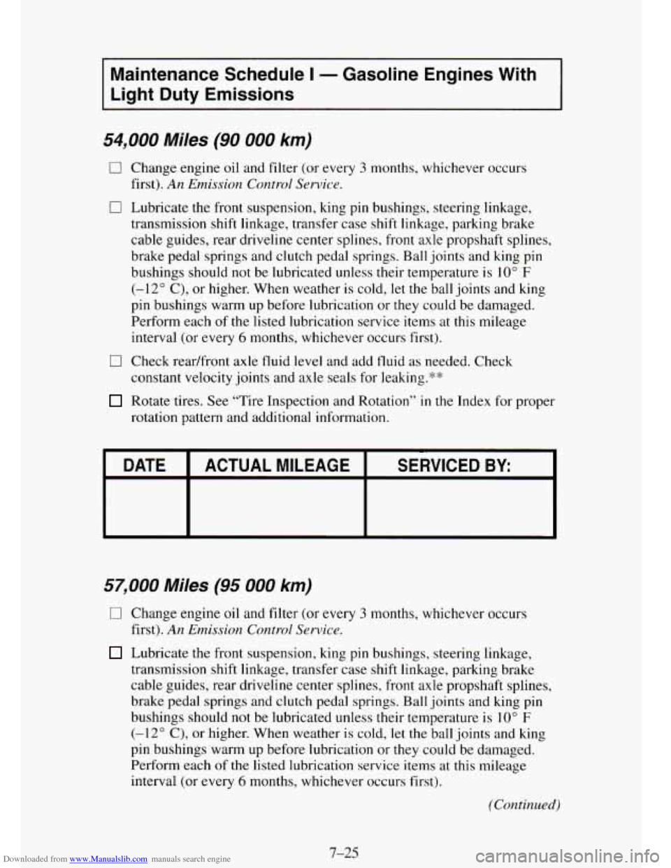 CHEVROLET TAHOE 1995 1.G Owners Manual Downloaded from www.Manualslib.com manuals search engine Maintenance Schedule I - Gasoline Engines With
Light Duty Emissions
54,000 Miles (90 000 km)
0 Change engine oil and filter (or ev CHEVROLET TAHOE 1995 1.G Owners Manual Downloaded from www.Manualslib.com manuals search engine Maintenance Schedule I - Gasoline Engines With
Light Duty Emissions
54,000 Miles (90 000 km)
0 Change engine oil and filter (or ev