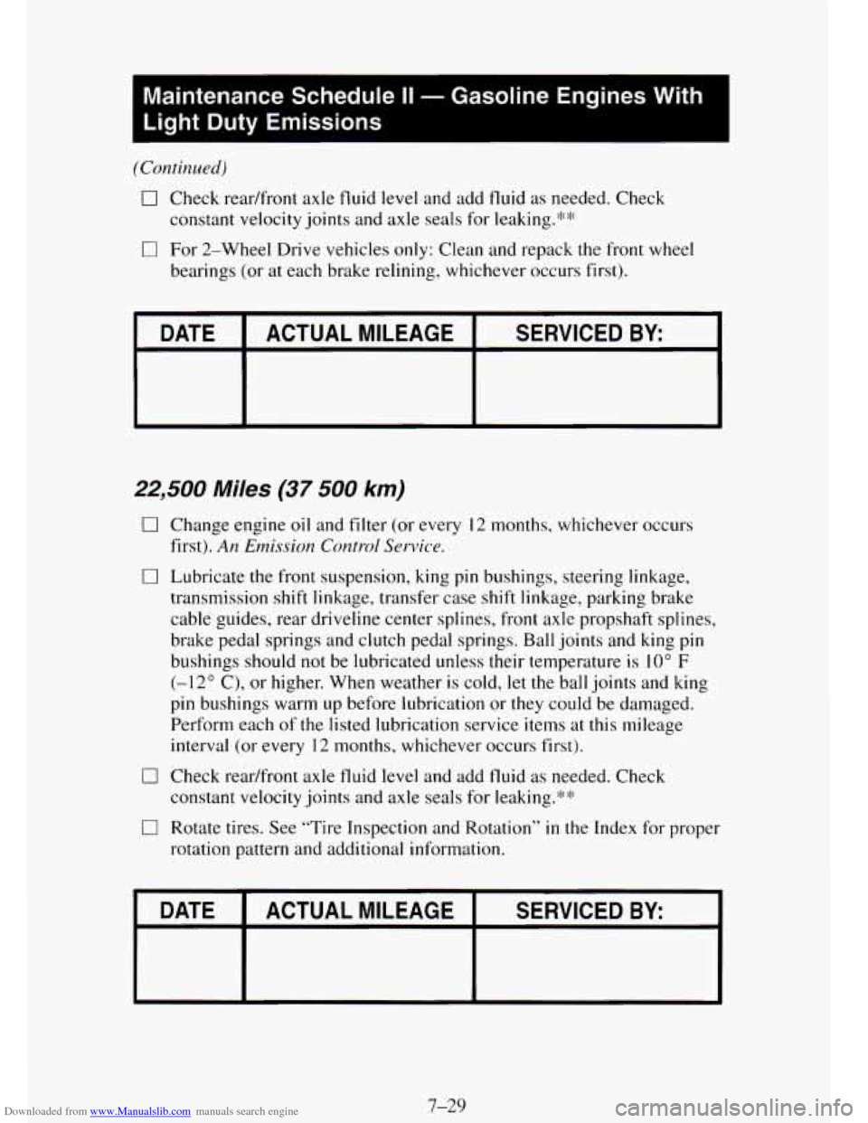 CHEVROLET TAHOE 1995 1.G Owners Manual Downloaded from www.Manualslib.com manuals search engine Maintenance Schedule II - Gasoline Engines With
Light
Duty Emissions
(Continued)
0 Check readfront axle fluid level and add fluid as CHEVROLET TAHOE 1995 1.G Owners Manual Downloaded from www.Manualslib.com manuals search engine Maintenance Schedule II - Gasoline Engines With
Light
Duty Emissions
(Continued)
0 Check readfront axle fluid level and add fluid as