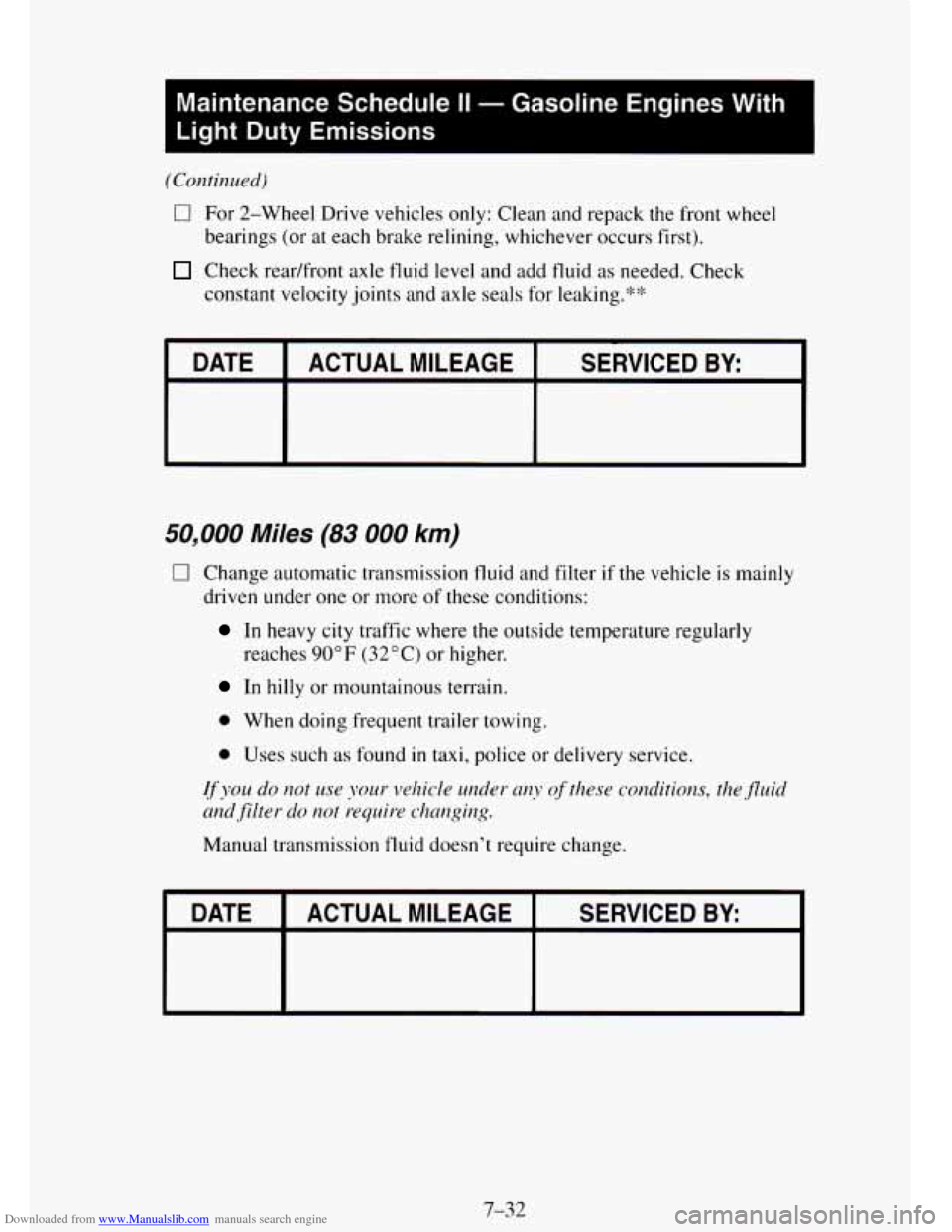 CHEVROLET TAHOE 1995 1.G Owners Manual Downloaded from www.Manualslib.com manuals search engine Maintenance Schedule II - Gasoline Engines With
Light Duty Emissions
(Continued)
0 For 2-Wheel Drive vehicles only: Clean and repack CHEVROLET TAHOE 1995 1.G Owners Manual Downloaded from www.Manualslib.com manuals search engine Maintenance Schedule II - Gasoline Engines With
Light Duty Emissions
(Continued)
0 For 2-Wheel Drive vehicles only: Clean and repack