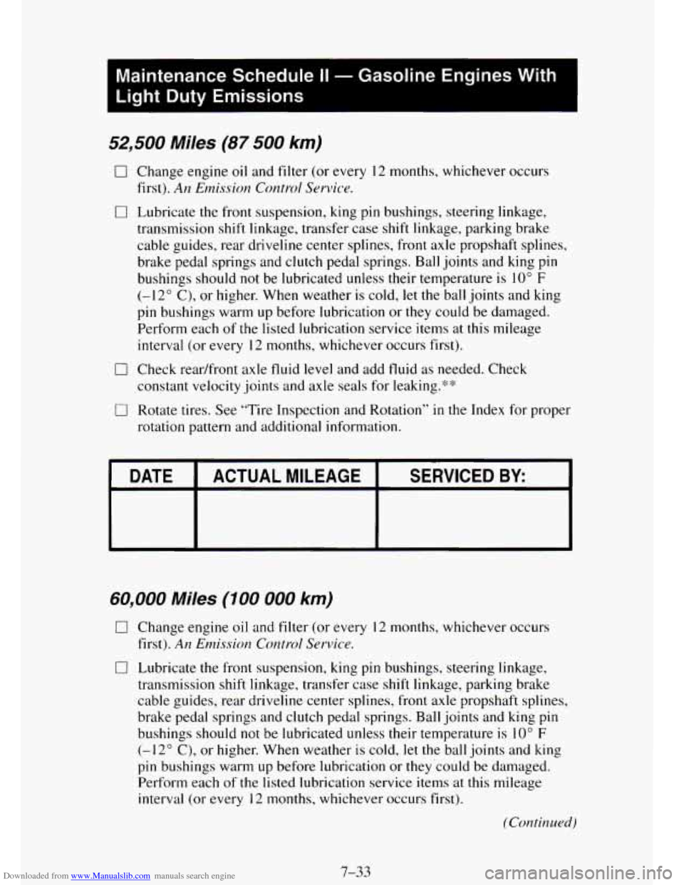 CHEVROLET TAHOE 1995 1.G Owners Manual Downloaded from www.Manualslib.com manuals search engine I
Maintenance Schedule II - Gasoline Engines With
Light Duty Emissions
I
52,500 Miles (87 500 km)
0 Change engine oil and filter ( CHEVROLET TAHOE 1995 1.G Owners Manual Downloaded from www.Manualslib.com manuals search engine I
Maintenance Schedule II - Gasoline Engines With
Light Duty Emissions
I
52,500 Miles (87 500 km)
0 Change engine oil and filter (