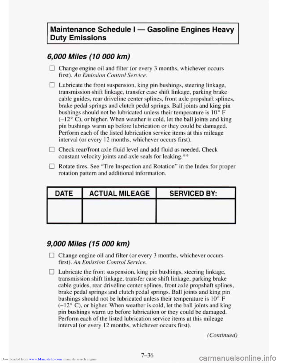 CHEVROLET TAHOE 1995 1.G Owners Manual Downloaded from www.Manualslib.com manuals search engine Maintenance Schedule I - Gasoline Engines Heavy
Duty Emissions
6,000 Miles (10 000 km)
0 Change engine oil and filter (or every 3 mo CHEVROLET TAHOE 1995 1.G Owners Manual Downloaded from www.Manualslib.com manuals search engine Maintenance Schedule I - Gasoline Engines Heavy
Duty Emissions
6,000 Miles (10 000 km)
0 Change engine oil and filter (or every 3 mo