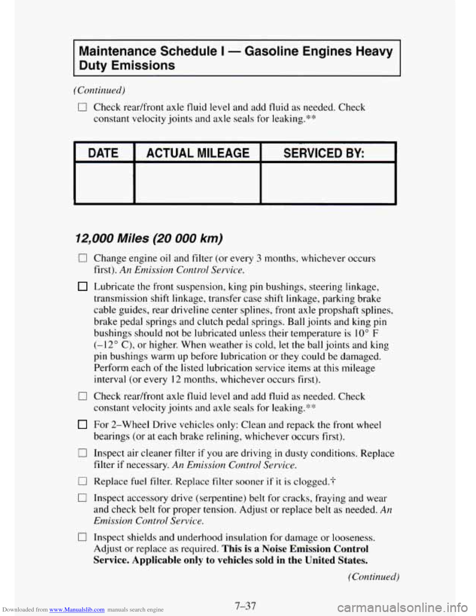 CHEVROLET TAHOE 1995 1.G Owners Manual Downloaded from www.Manualslib.com manuals search engine Maintenance Schedule I - Gasoline Engines Heavy
Duty Emissions
(Continued)
0 Check readfront axle fluid level and add fluid as needed. CHEVROLET TAHOE 1995 1.G Owners Manual Downloaded from www.Manualslib.com manuals search engine Maintenance Schedule I - Gasoline Engines Heavy
Duty Emissions
(Continued)
0 Check readfront axle fluid level and add fluid as needed.