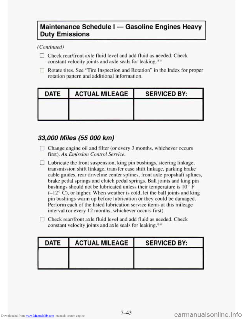 CHEVROLET TAHOE 1995 1.G Owners Manual Downloaded from www.Manualslib.com manuals search engine Maintenance Schedule I - Gasoline Engines Heavy
Duty Emissions
(Continued)
0 Check readfront axle fluid level and add fluid as needed. CHEVROLET TAHOE 1995 1.G Owners Manual Downloaded from www.Manualslib.com manuals search engine Maintenance Schedule I - Gasoline Engines Heavy
Duty Emissions
(Continued)
0 Check readfront axle fluid level and add fluid as needed.