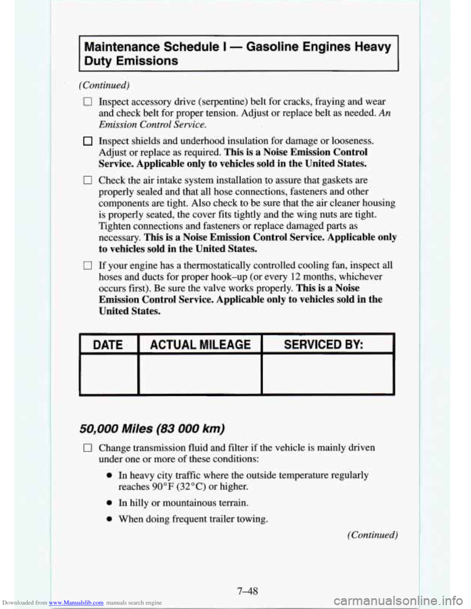 CHEVROLET TAHOE 1995 1.G Owners Manual Downloaded from www.Manualslib.com manuals search engine Maintenance Schedule I - Gasoline Engines Heavy
Duty Emissions
(Continued)
0
0
0
Inspect accessory drive (serpentine) belt for crack CHEVROLET TAHOE 1995 1.G Owners Manual Downloaded from www.Manualslib.com manuals search engine Maintenance Schedule I - Gasoline Engines Heavy
Duty Emissions
(Continued)
0
0
0
Inspect accessory drive (serpentine) belt for crack