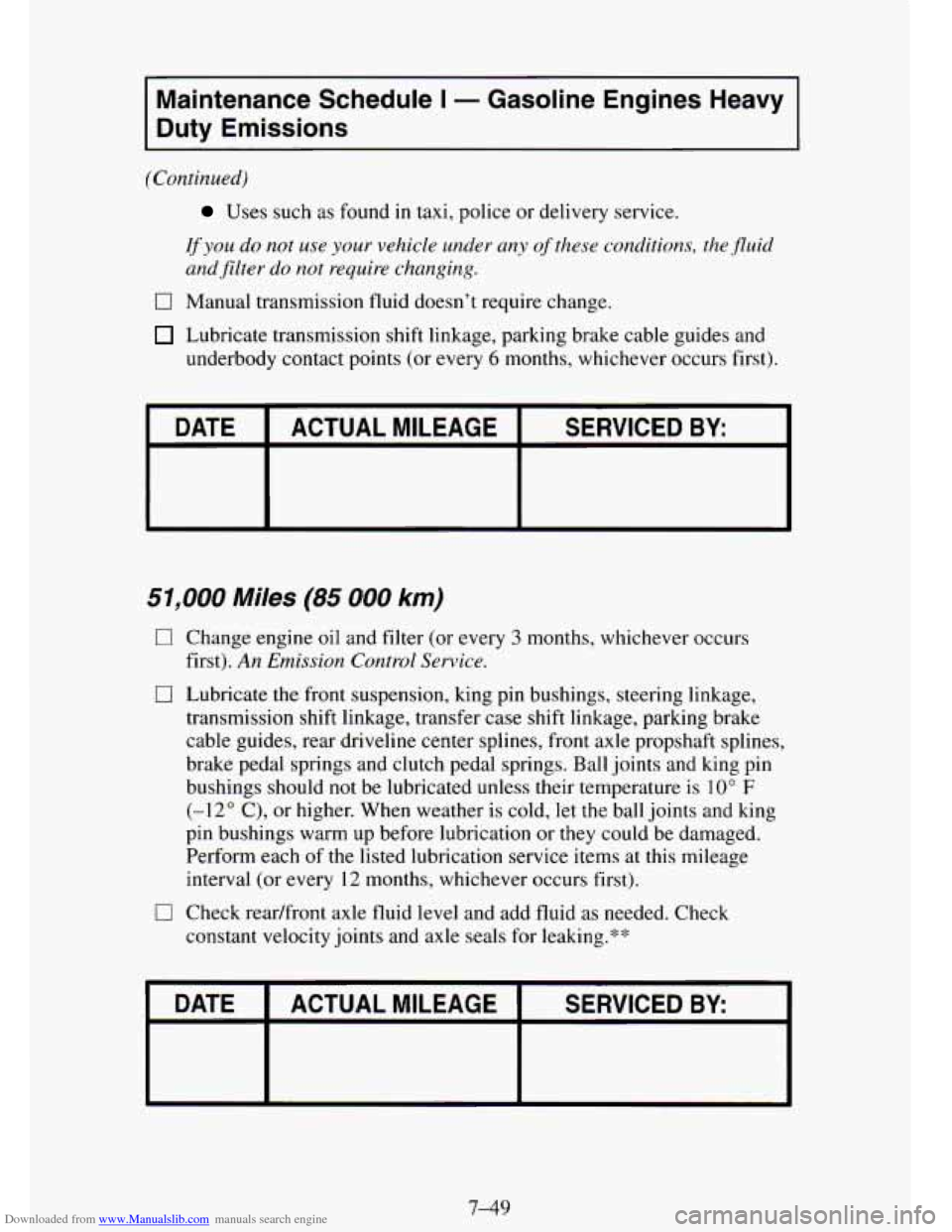 CHEVROLET TAHOE 1995 1.G Owners Manual Downloaded from www.Manualslib.com manuals search engine Maintenance Schedule I - Gasoline Engines Heavy
Duty Emissions
(Continued)
Uses such as found in taxi, police or delivery service.
If CHEVROLET TAHOE 1995 1.G Owners Manual Downloaded from www.Manualslib.com manuals search engine Maintenance Schedule I - Gasoline Engines Heavy
Duty Emissions
(Continued)
Uses such as found in taxi, police or delivery service.
If