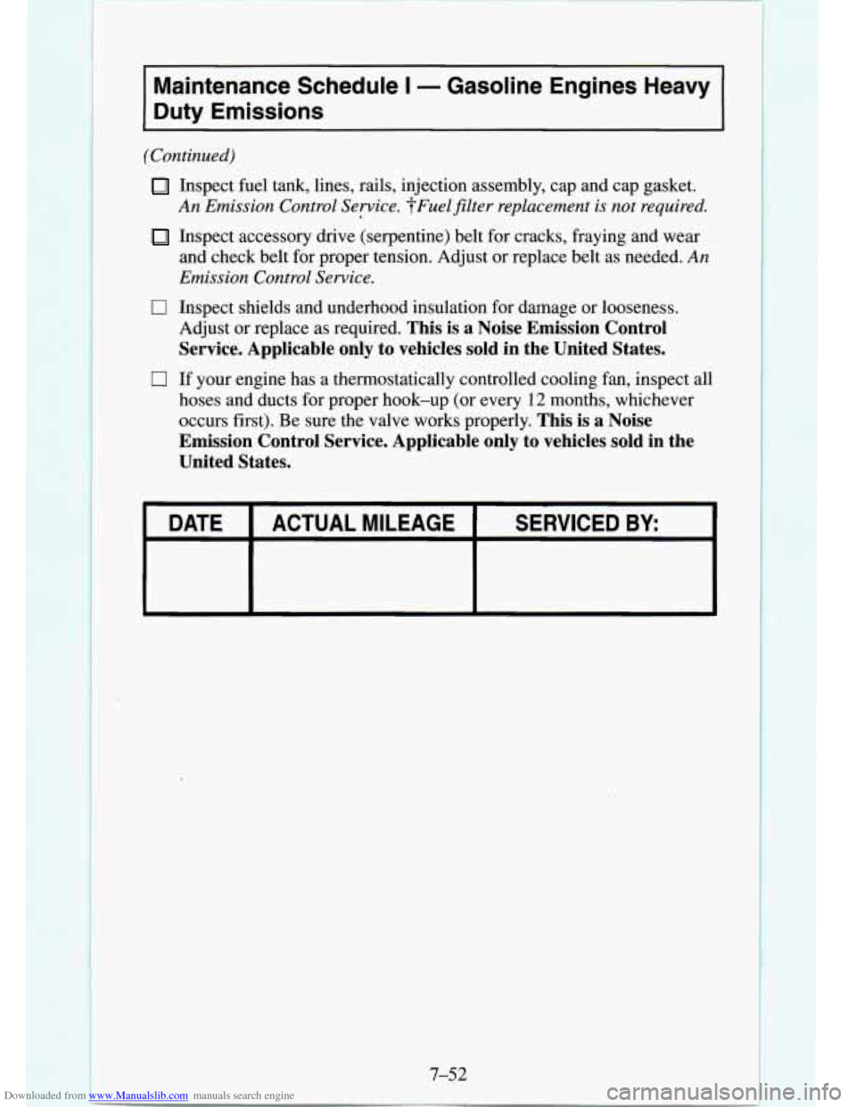 CHEVROLET TAHOE 1995 1.G Owners Manual Downloaded from www.Manualslib.com manuals search engine Maintenance Schedule I - Gasoline Engines Heavy
Duty Emissions
(Continued)
0
0
Inspect fuel tank, lines, rails, injection assembly, CHEVROLET TAHOE 1995 1.G Owners Manual Downloaded from www.Manualslib.com manuals search engine Maintenance Schedule I - Gasoline Engines Heavy
Duty Emissions
(Continued)
0
0
Inspect fuel tank, lines, rails, injection assembly,