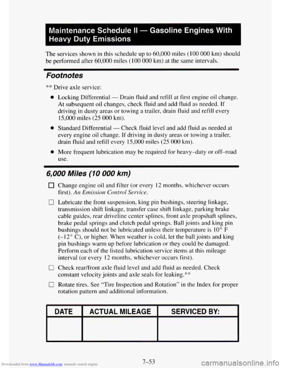 CHEVROLET TAHOE 1995 1.G Owners Manual Downloaded from www.Manualslib.com manuals search engine I
Maintenance Schedule II - Gasoline Engines With
Heavy Duty Emissions I
The services shown in this schedule up to 60,000 miles (100 000 CHEVROLET TAHOE 1995 1.G Owners Manual Downloaded from www.Manualslib.com manuals search engine I
Maintenance Schedule II - Gasoline Engines With
Heavy Duty Emissions I
The services shown in this schedule up to 60,000 miles (100 000