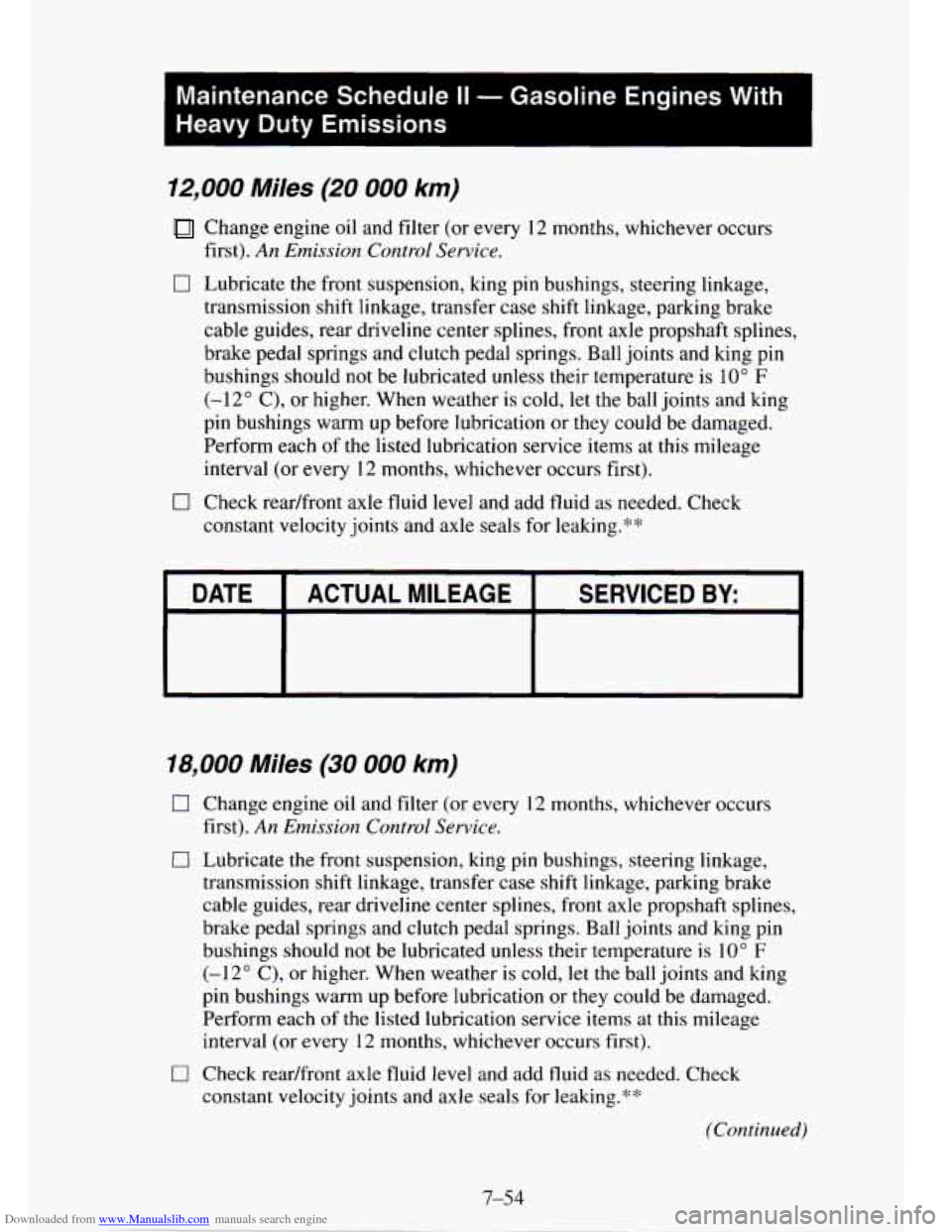 CHEVROLET TAHOE 1995 1.G Owners Manual Downloaded from www.Manualslib.com manuals search engine I
Maintenance Schedule II - Gasoline Engines With
Heavy
Duty Emissions
12,000 Miles (20 000 km)
Change engine oil and filter (or eve CHEVROLET TAHOE 1995 1.G Owners Manual Downloaded from www.Manualslib.com manuals search engine I
Maintenance Schedule II - Gasoline Engines With
Heavy
Duty Emissions
12,000 Miles (20 000 km)
Change engine oil and filter (or eve
