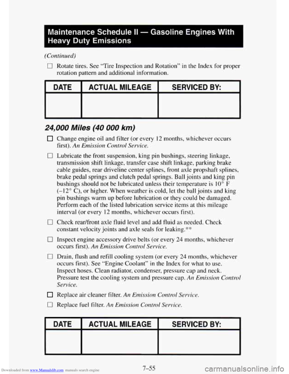 CHEVROLET TAHOE 1995 1.G Owners Manual Downloaded from www.Manualslib.com manuals search engine Maintenance Schedule II - Gasoline Engines With
Heavy Duty Emissions
1 Lvntinued)
0 Rotate tires. See “Tire Inspection and Rotation CHEVROLET TAHOE 1995 1.G Owners Manual Downloaded from www.Manualslib.com manuals search engine Maintenance Schedule II - Gasoline Engines With
Heavy Duty Emissions
1 Lvntinued)
0 Rotate tires. See “Tire Inspection and Rotation