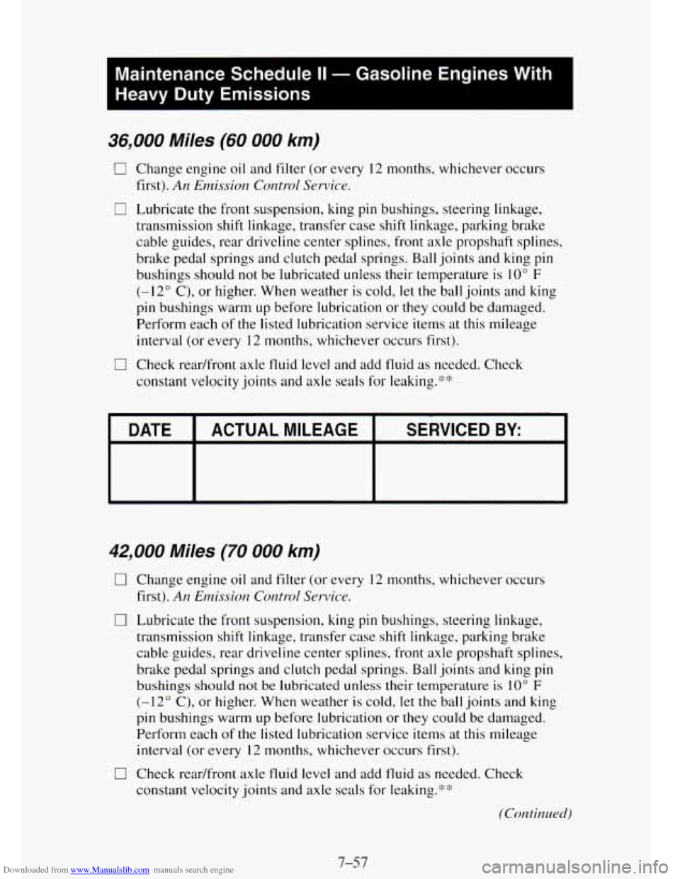 CHEVROLET TAHOE 1995 1.G Owners Manual Downloaded from www.Manualslib.com manuals search engine I
Maintenance Schedule II - Gasoline Engines With
Heavy Duty Emissions
I
36,000 Miles (60 000 km)
0 Change engine oil and filter ( CHEVROLET TAHOE 1995 1.G Owners Manual Downloaded from www.Manualslib.com manuals search engine I
Maintenance Schedule II - Gasoline Engines With
Heavy Duty Emissions
I
36,000 Miles (60 000 km)
0 Change engine oil and filter (