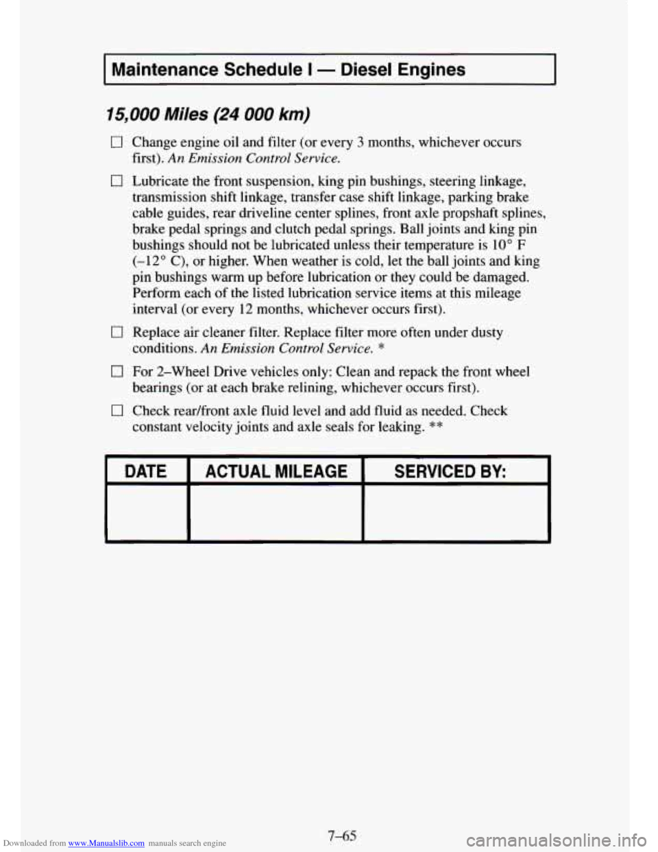 CHEVROLET TAHOE 1995 1.G Owners Manual Downloaded from www.Manualslib.com manuals search engine I Maintenance Schedule I - Diesel Engines I
15,000 Miles (24 000 km)
[7 Change engine oil and filter (or every 3 months, whichever occu CHEVROLET TAHOE 1995 1.G Owners Manual Downloaded from www.Manualslib.com manuals search engine I Maintenance Schedule I - Diesel Engines I
15,000 Miles (24 000 km)
[7 Change engine oil and filter (or every 3 months, whichever occu