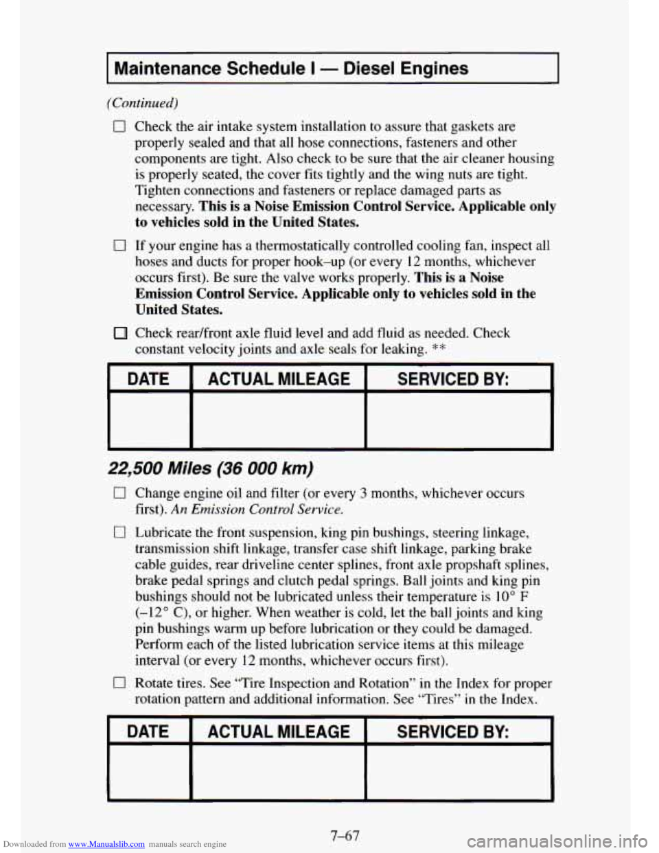 CHEVROLET TAHOE 1995 1.G Owners Manual Downloaded from www.Manualslib.com manuals search engine I Maintenance Schedule I - Diesel Engines I
(Continued)
0
Check the air intake system installation to assure that gaskets are
properly CHEVROLET TAHOE 1995 1.G Owners Manual Downloaded from www.Manualslib.com manuals search engine I Maintenance Schedule I - Diesel Engines I
(Continued)
0
Check the air intake system installation to assure that gaskets are
properly