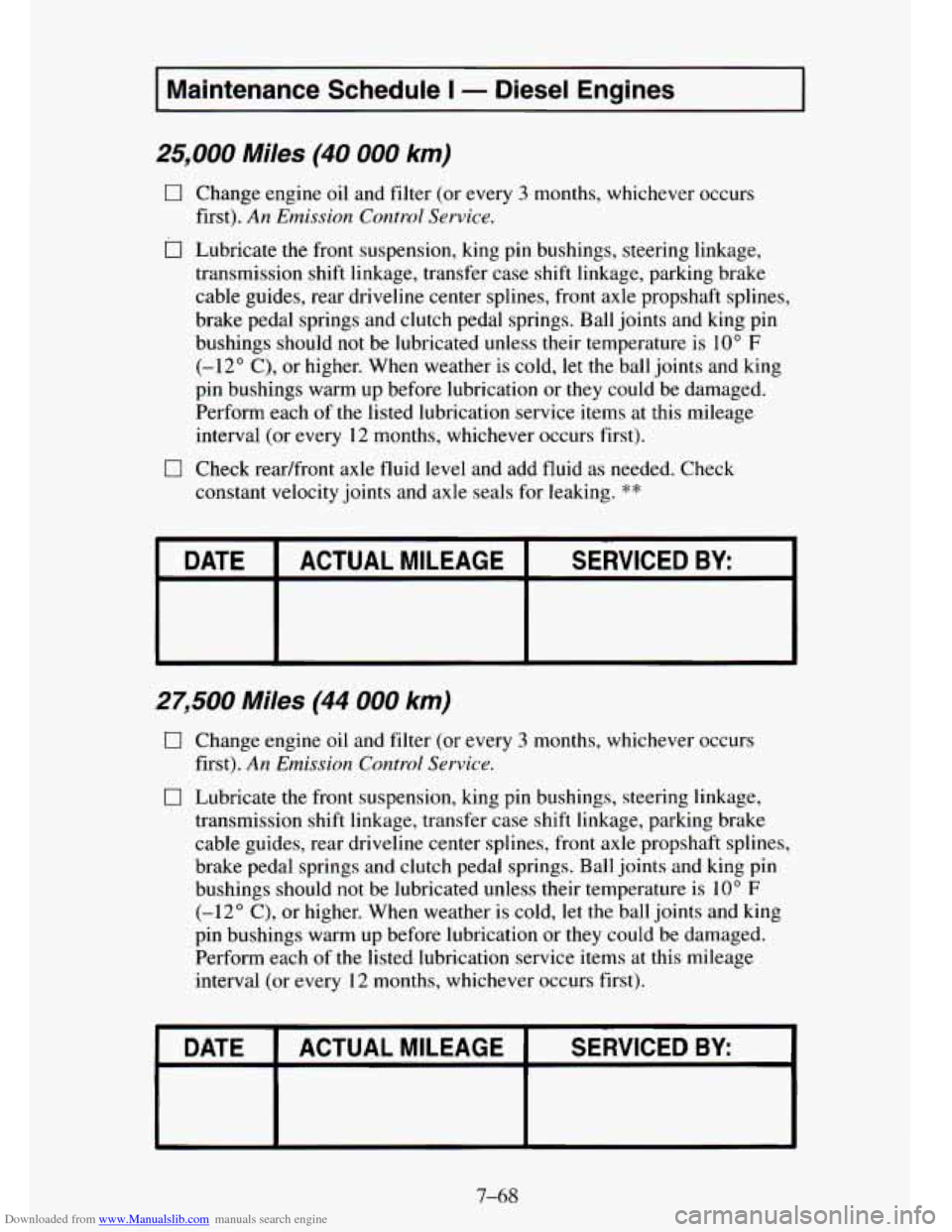 CHEVROLET TAHOE 1995 1.G Owners Manual Downloaded from www.Manualslib.com manuals search engine I
I Maintenance Schedule I - Diesel Engines ~~
25,000 Miles (40 000 km)
0
0
0
Change engine oil and filter (or every 3 months, whichev CHEVROLET TAHOE 1995 1.G Owners Manual Downloaded from www.Manualslib.com manuals search engine I
I Maintenance Schedule I - Diesel Engines ~~
25,000 Miles (40 000 km)
0
0
0
Change engine oil and filter (or every 3 months, whichev