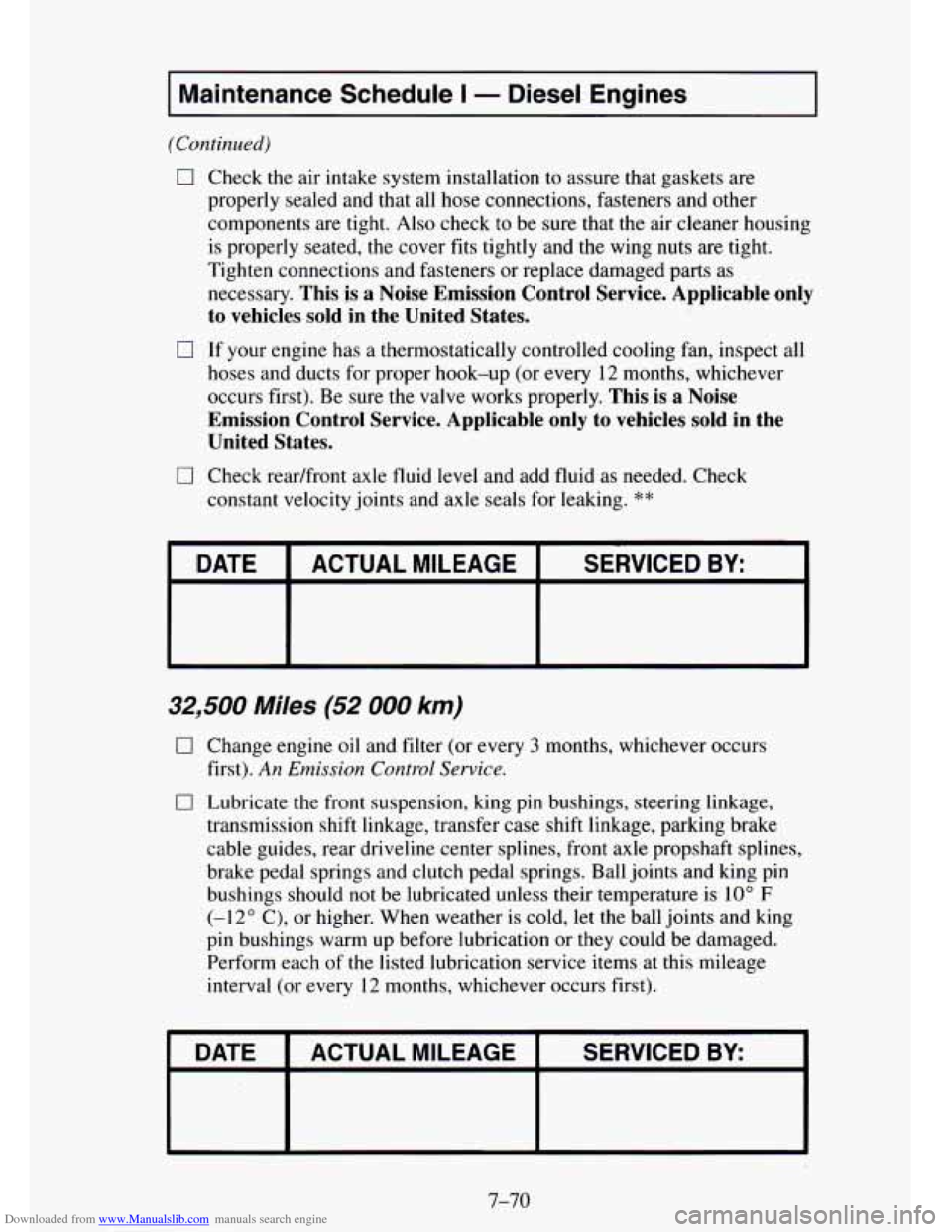 CHEVROLET TAHOE 1995 1.G Owners Manual Downloaded from www.Manualslib.com manuals search engine I Maintenance Schedule I - Diesel Engines I
(Continued)
0 Check the air intake system installation to assure that gaskets are
properly CHEVROLET TAHOE 1995 1.G Owners Manual Downloaded from www.Manualslib.com manuals search engine I Maintenance Schedule I - Diesel Engines I
(Continued)
0 Check the air intake system installation to assure that gaskets are
properly