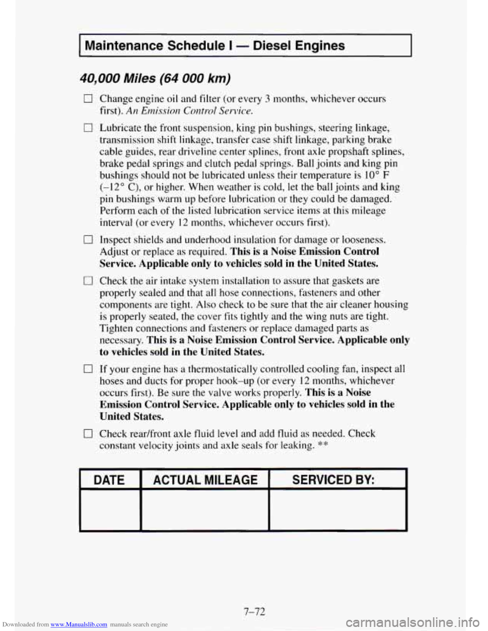 CHEVROLET TAHOE 1995 1.G Owners Manual Downloaded from www.Manualslib.com manuals search engine I Maintenance Schedule I - Diesel Engines I
40,000 Miles (64 000 km)
0 Change engine oil and filter (or every 3 months, whichever occurs
CHEVROLET TAHOE 1995 1.G Owners Manual Downloaded from www.Manualslib.com manuals search engine I Maintenance Schedule I - Diesel Engines I
40,000 Miles (64 000 km)
0 Change engine oil and filter (or every 3 months, whichever occurs