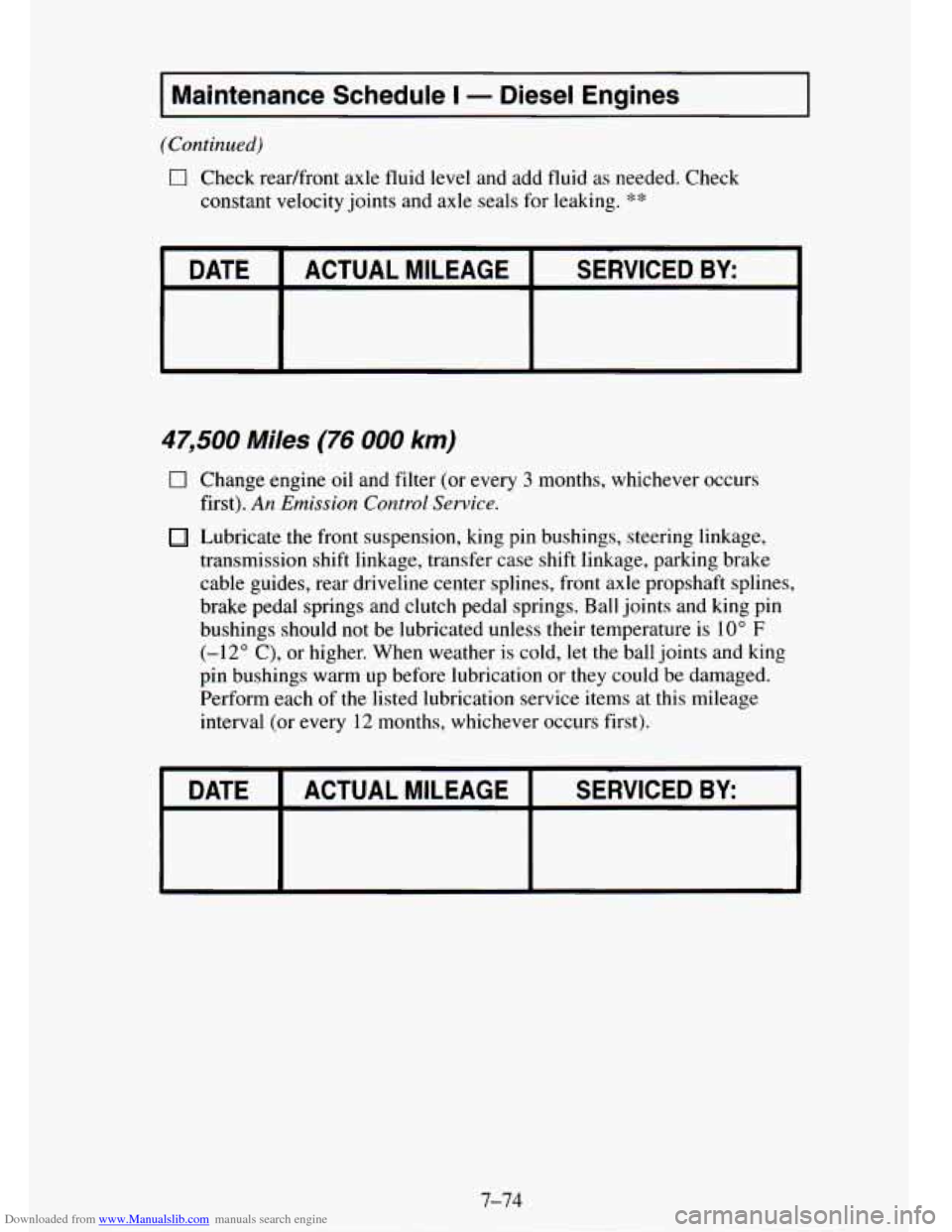 CHEVROLET TAHOE 1995 1.G Owners Manual Downloaded from www.Manualslib.com manuals search engine I Maintenance Schedule I - Diesel Engines I
(Continued)
0 Check readfront axle fluid level and add fluid as needed. Check
constant velo CHEVROLET TAHOE 1995 1.G Owners Manual Downloaded from www.Manualslib.com manuals search engine I Maintenance Schedule I - Diesel Engines I
(Continued)
0 Check readfront axle fluid level and add fluid as needed. Check
constant velo